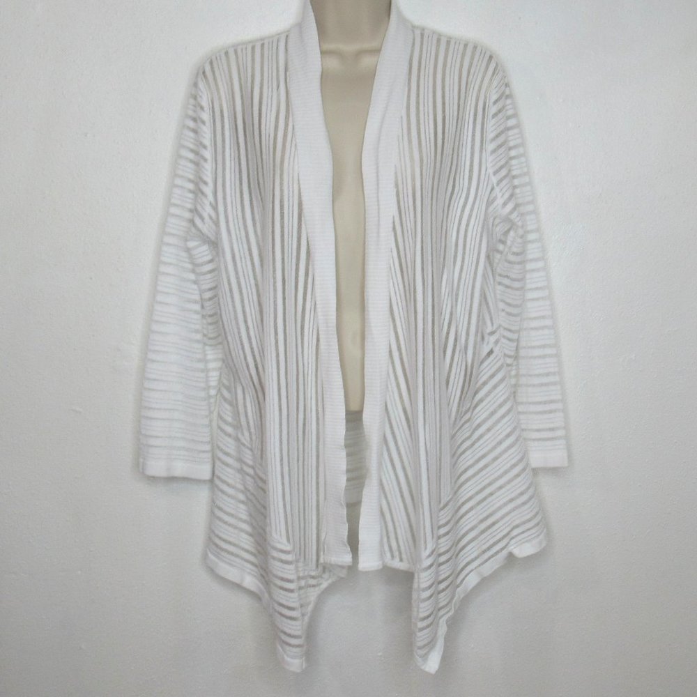 Kasper White and Light Gray Open Front Ribbed Cardigan
